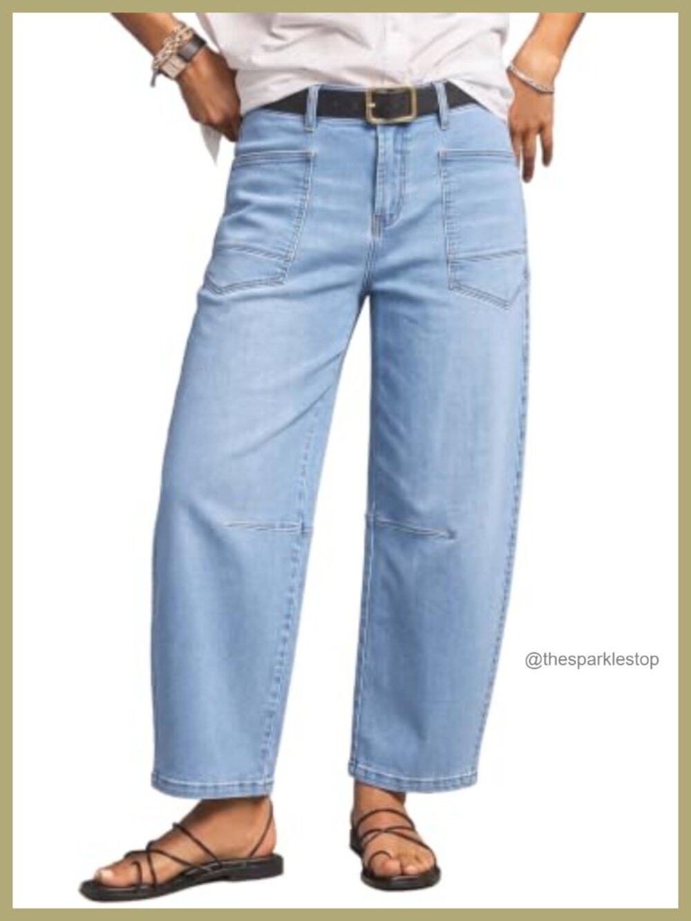 High Rise Barrel Leg Stretchy Denim Ankle Jeans Cargo Pockets